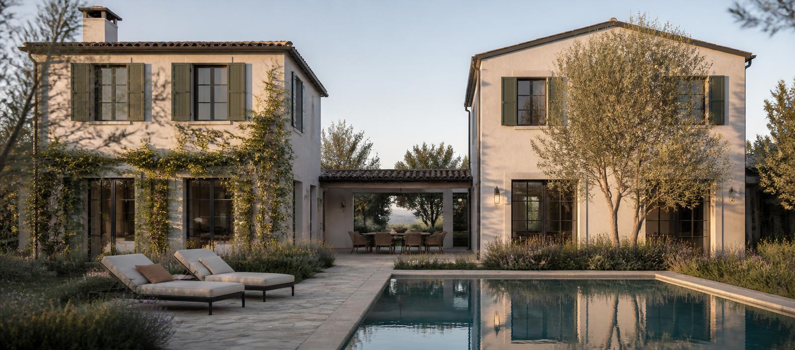 The two connected Beaumont Lane homes with the pool between them